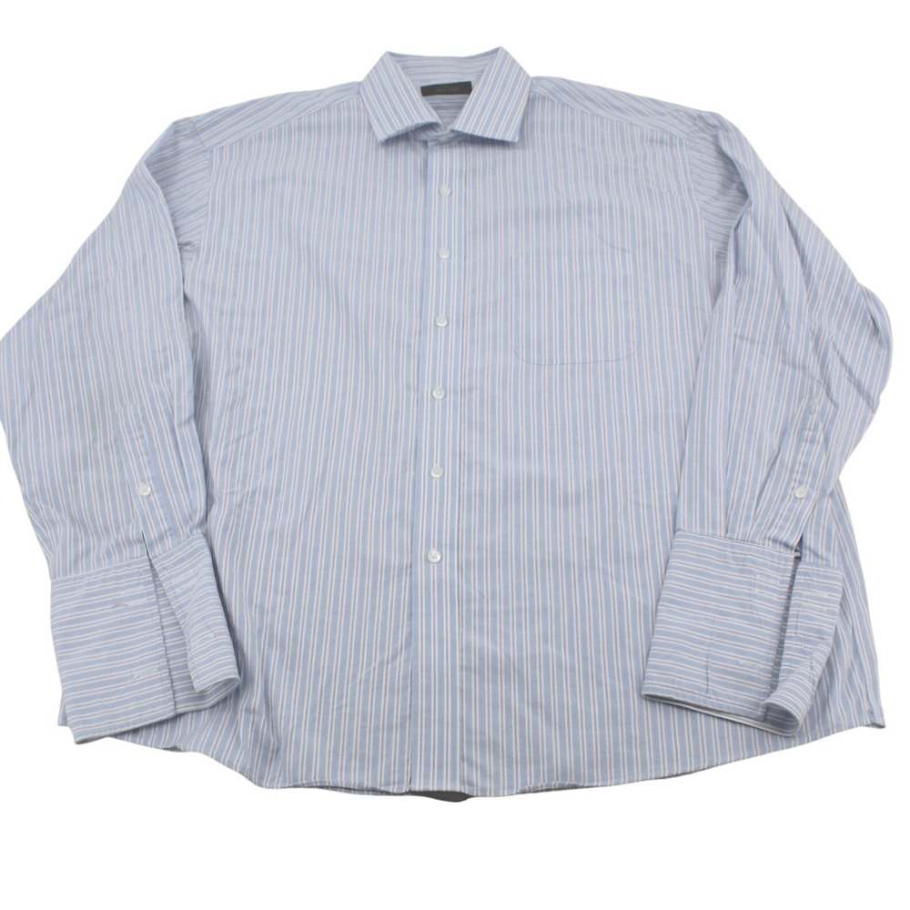 Tasso Elba Shirt Mens 18 34/35 Blue White Striped Egyptian Cotton French Cuff